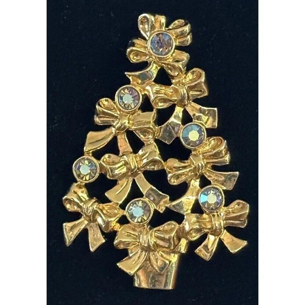 Vintage AVON Gold Tone-Bows Aurora Borealis Christmas Tree Brooch 1992